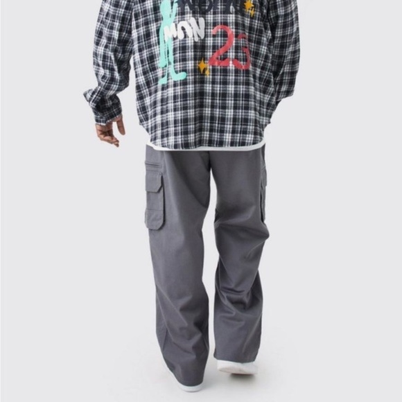 Boohoo Mens Other - Boohoo man PLUS FIXED WAIST BRANDED RELAXED FIT CARGO TROUSERS Gray New size 42